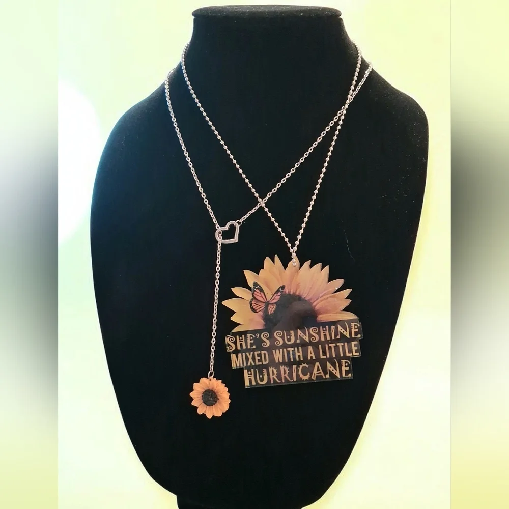 Sunflower Heart Butterfly Pendant Necklace and Car Mirror Decor. Summer Spring